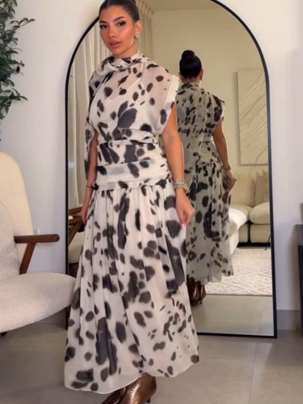 Zara Brown and White Spot Print Sheer Maxi Dress - Picture 1 of 4